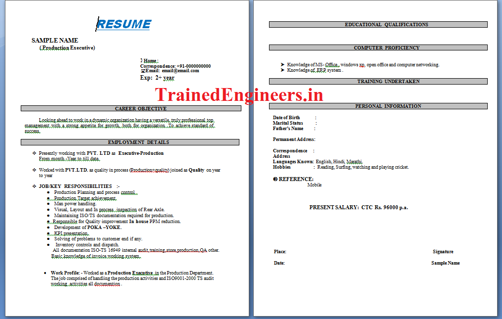 Download resume formats for engineering students